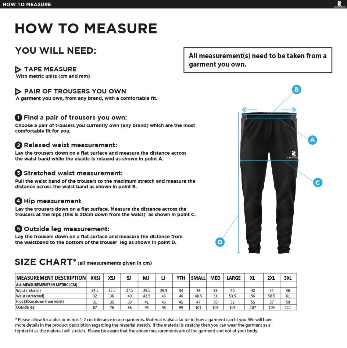 Huddersfield Dragons  Dual Tek Pants - Size Guide
