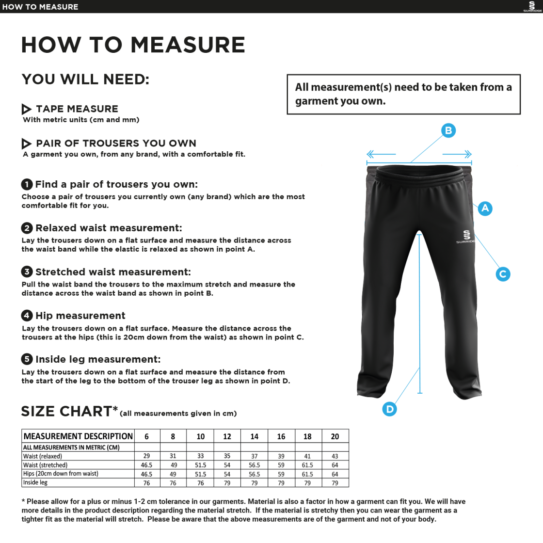 HUDDERSFIELD DRAGONS Women's Ripstop Track Pant : Black - Size Guide