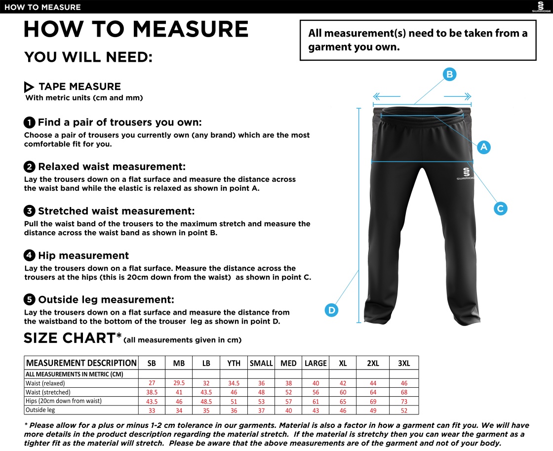 HUDDERSFIELD DRAGONS Youth's Rip Stop Track Pant : Black - Size Guide