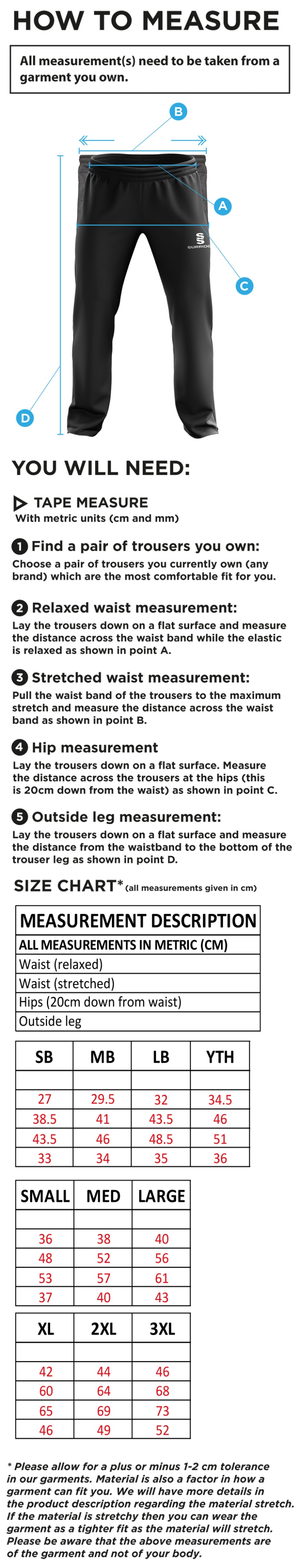 HUDDERSFIELD DRAGONS Youth's Rip Stop Track Pant : Black - Size Guide