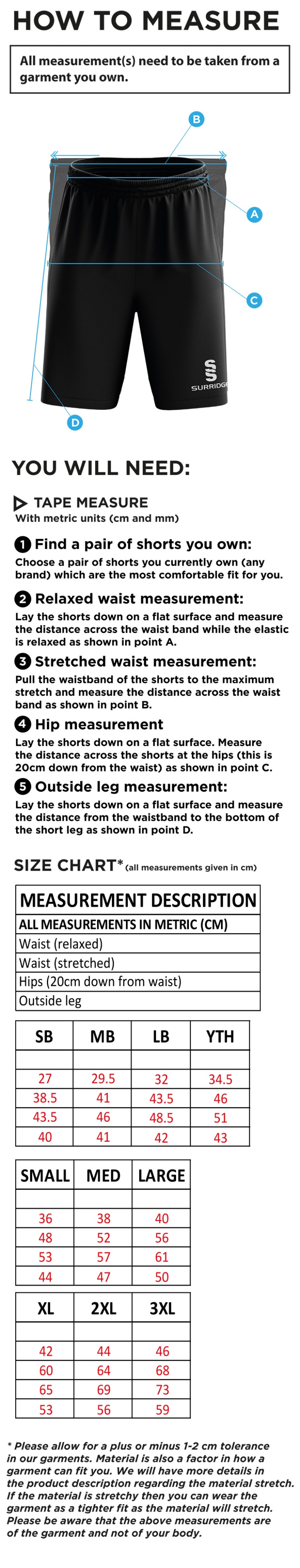 Huddersfield Dragons Blade Training Short - Size Guide