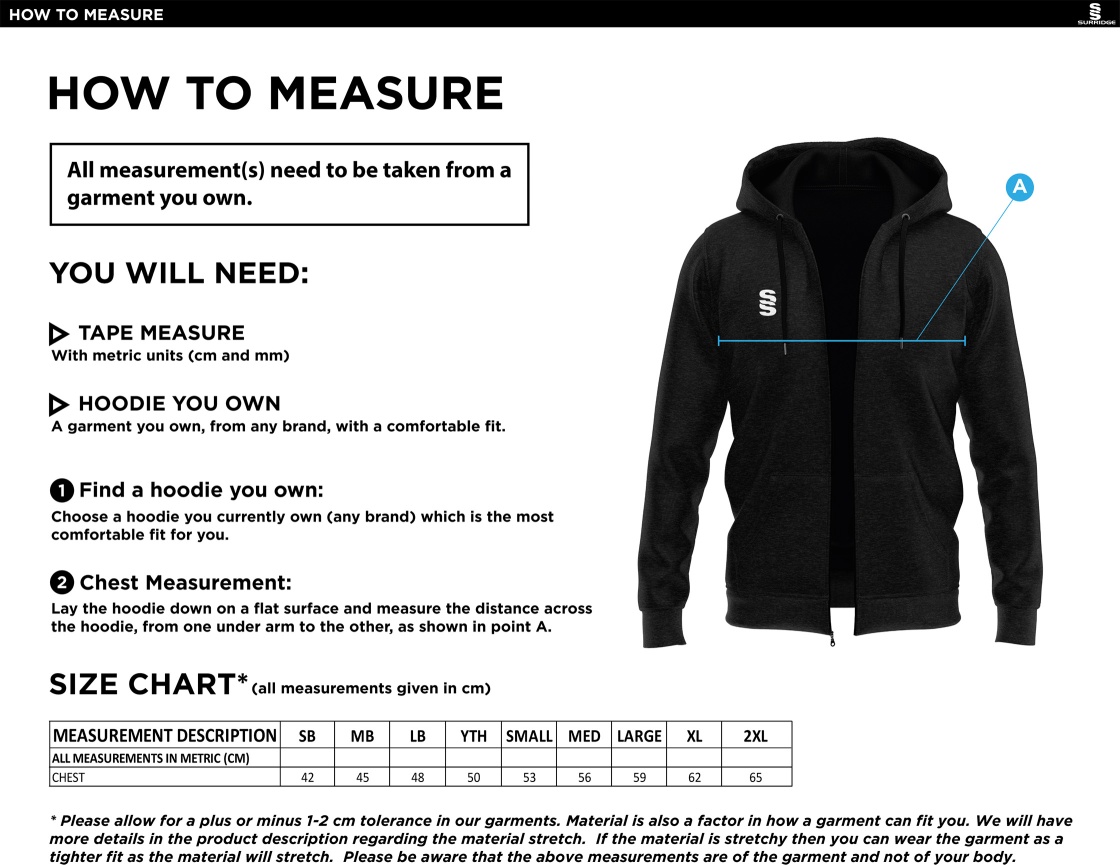 Huddersfield Dragons Youth's Dual Full Zip Hoody - Size Guide