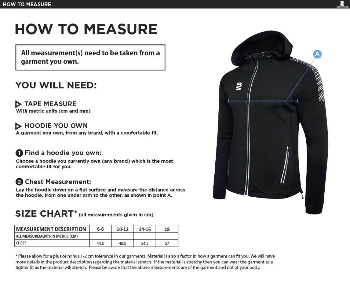 Huddersfield Dragons Women's Dual Full Zip Hoody - Size Guide